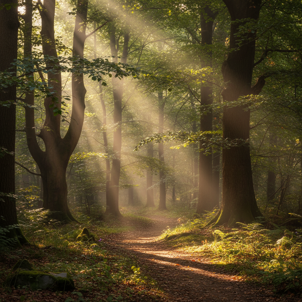 Снимка на слънчева светлина, преминаваща през горски дървета