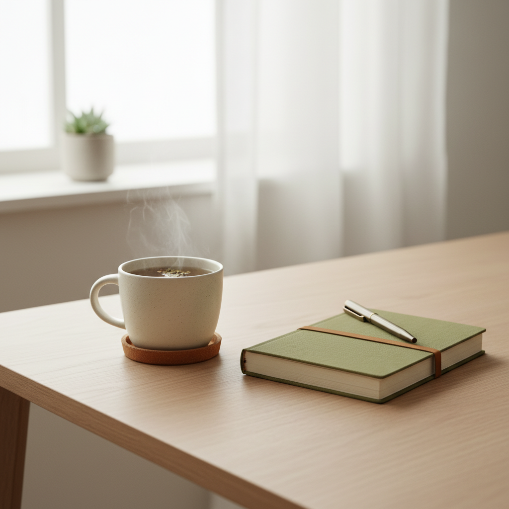 Минималистично бюро с дневник и чаша билков чай
